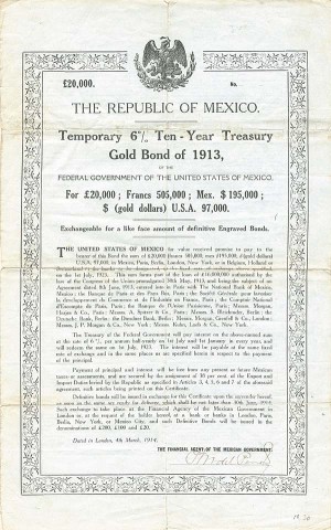 Double White Dove - Republic of Mexico - 1913 dated £20,000 British Pounds Mexican Bond